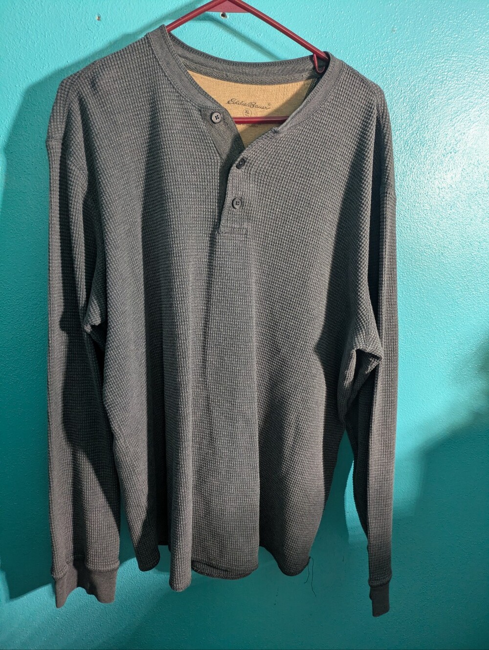 Eddie Bauer Preppy Outdoor Gray Gorpcore Waffle-Knit Henley Long Sleeve